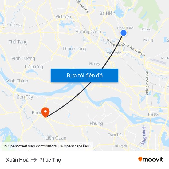 Xuân Hoà to Phúc Thọ map