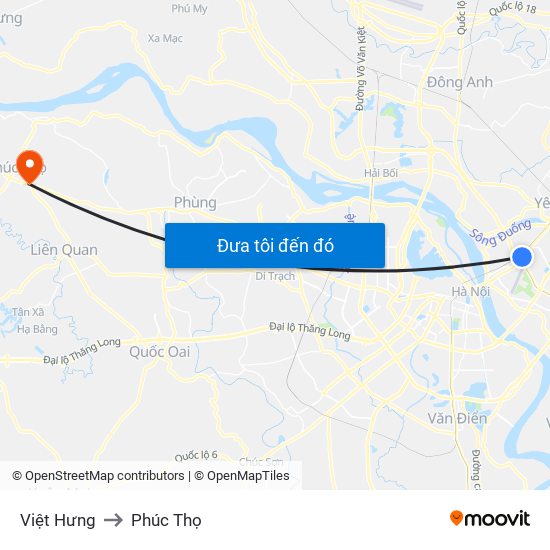 Việt Hưng to Phúc Thọ map
