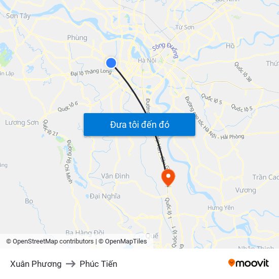 Xuân Phương to Phúc Tiến map