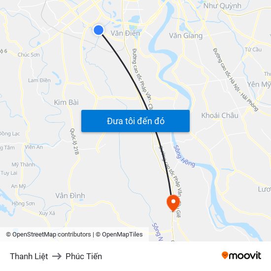 Thanh Liệt to Phúc Tiến map