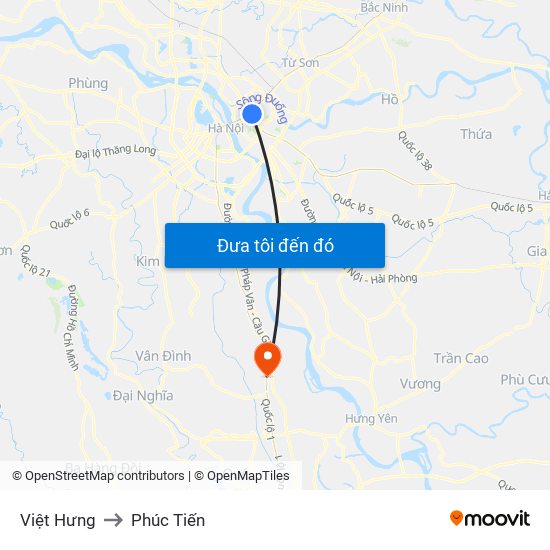 Việt Hưng to Phúc Tiến map