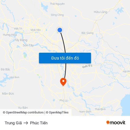 Trung Giã to Phúc Tiến map