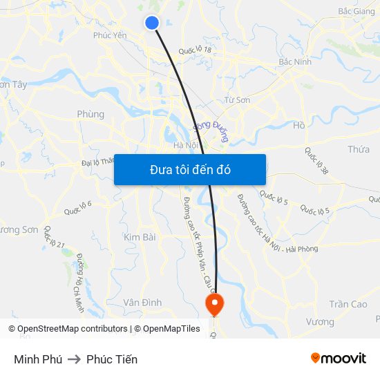 Minh Phú to Phúc Tiến map