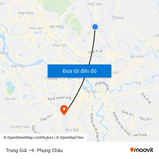 Trung Giã to Phụng Châu map