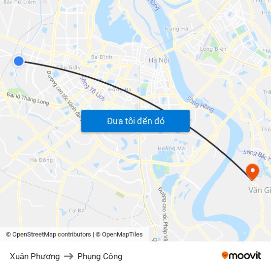 Xuân Phương to Phụng Công map