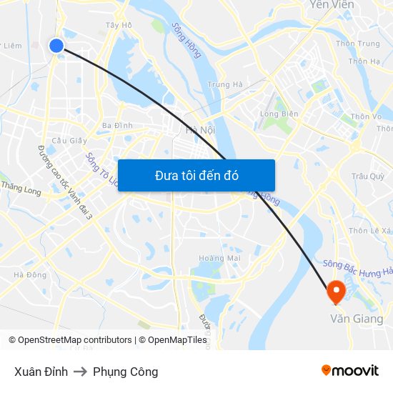 Xuân Đỉnh to Phụng Công map