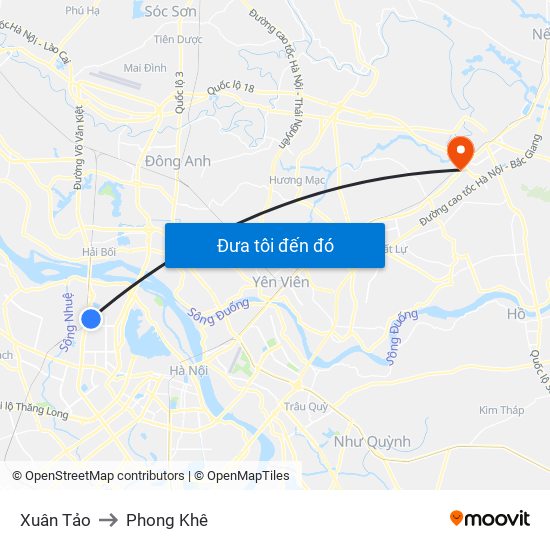 Xuân Tảo to Phong Khê map