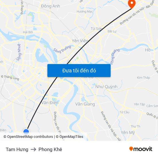 Tam Hưng to Phong Khê map