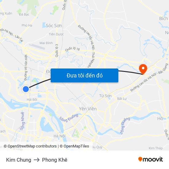 Kim Chung to Phong Khê map