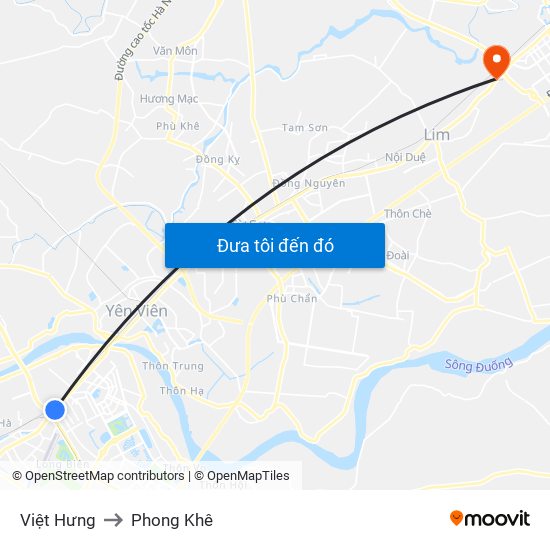 Việt Hưng to Phong Khê map