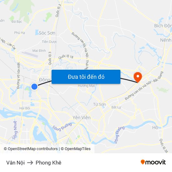 Vân Nội to Phong Khê map