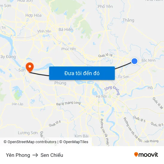 Yên Phong to Sen Chiểu map