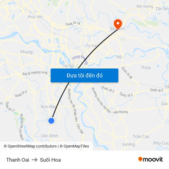 Thanh Oai to Suối Hoa map