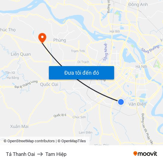 Tả Thanh Oai to Tam Hiệp map