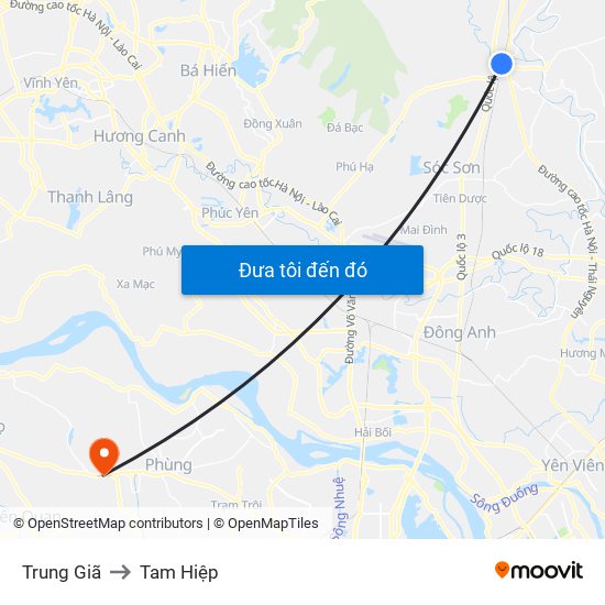 Trung Giã to Tam Hiệp map