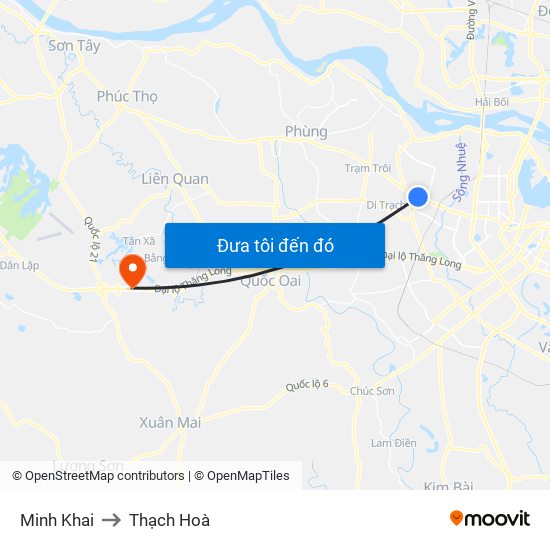 Minh Khai to Thạch Hoà map