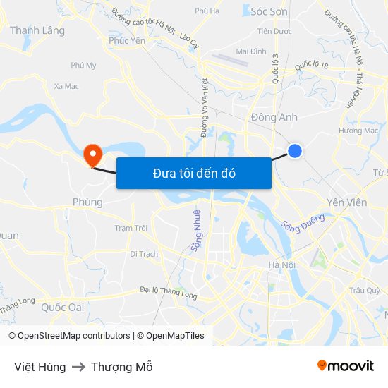Việt Hùng to Thượng Mỗ map