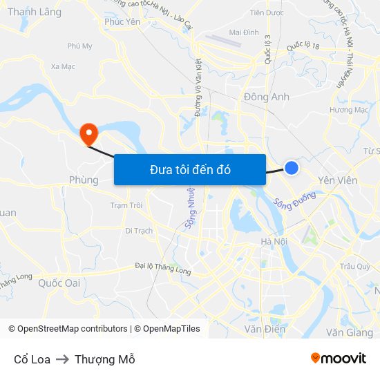Cổ Loa to Thượng Mỗ map
