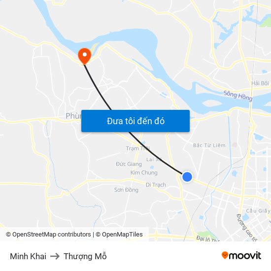 Minh Khai to Thượng Mỗ map