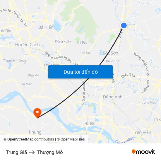 Trung Giã to Thượng Mỗ map