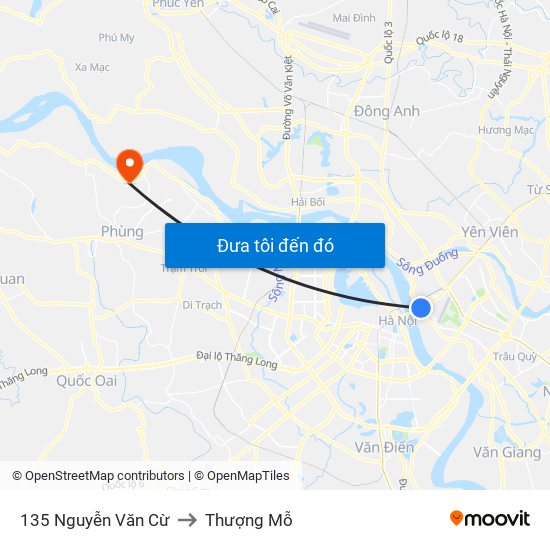 135 Nguyễn Văn Cừ to Thượng Mỗ map