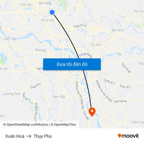 Xuân Hoà to Thụy Phú map