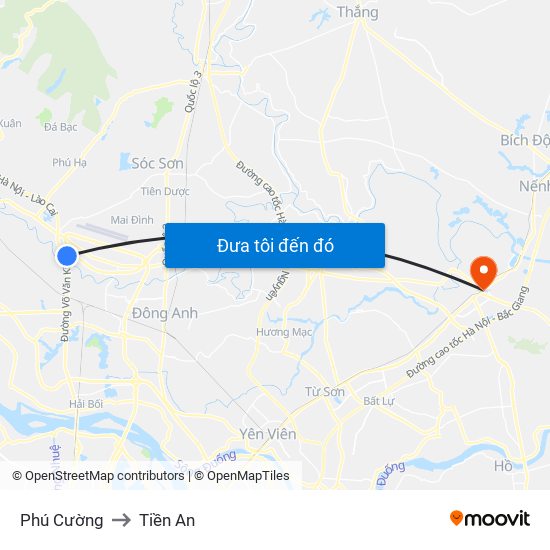 Phú Cường to Tiền An map