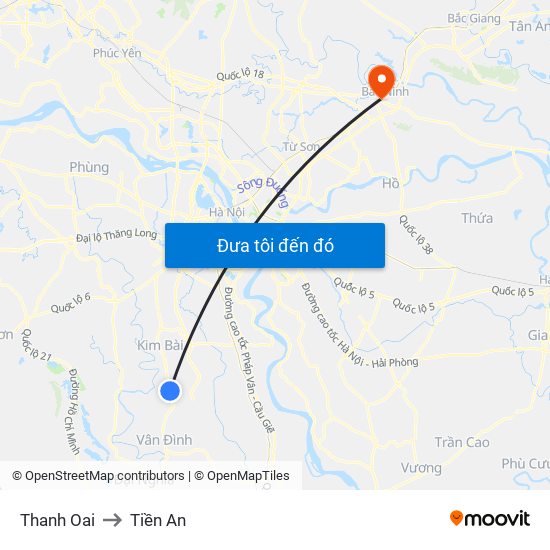 Thanh Oai to Tiền An map