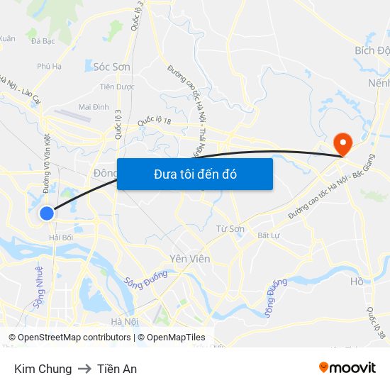 Kim Chung to Tiền An map