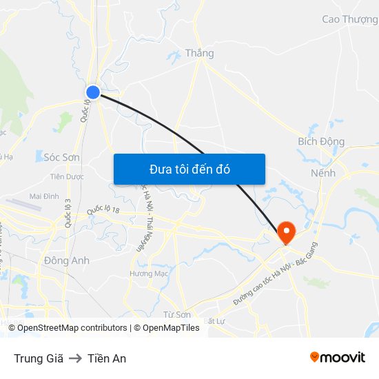 Trung Giã to Tiền An map