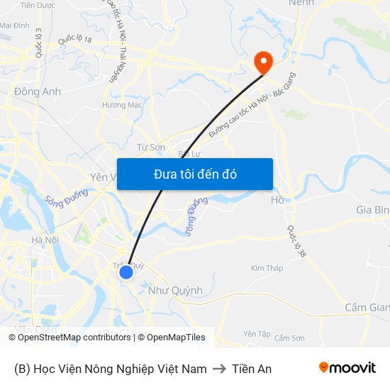 (B) Học Viện Nông Nghiệp Việt Nam to Tiền An map