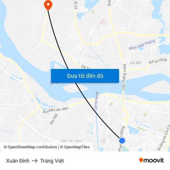 Xuân Đỉnh to Tráng Việt map