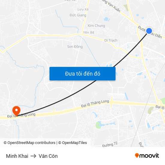 Minh Khai to Vân Côn map