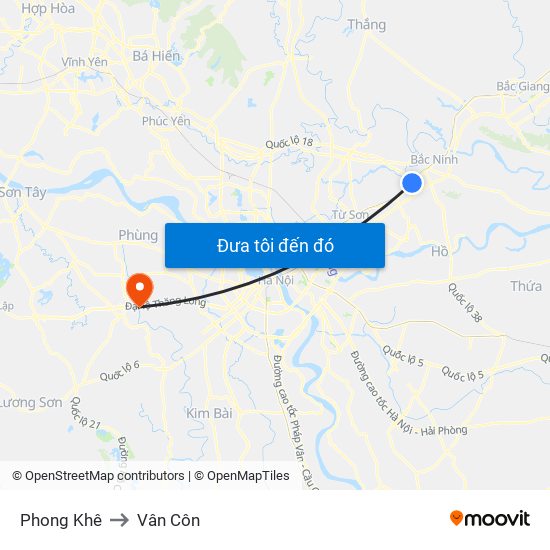 Phong Khê to Vân Côn map