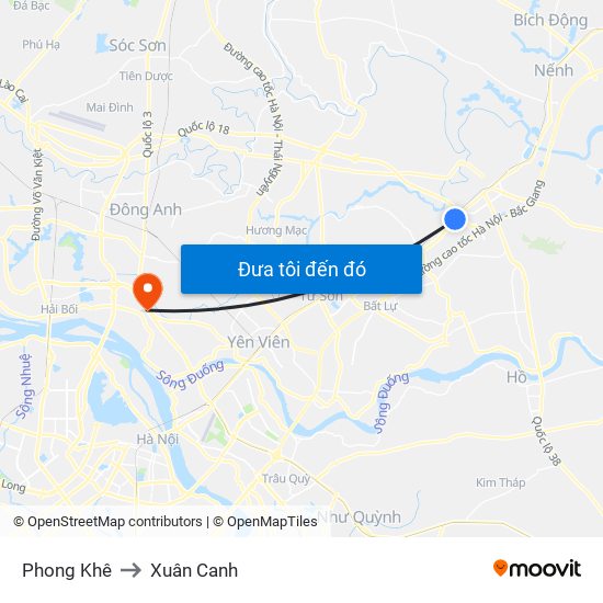 Phong Khê to Xuân Canh map