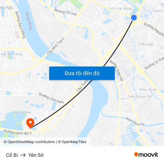 Cổ Bi to Yên Sở map