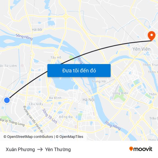 Xuân Phương to Yên Thường map