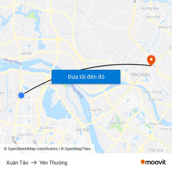 Xuân Tảo to Yên Thường map