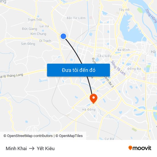 Minh Khai to Yết Kiêu map