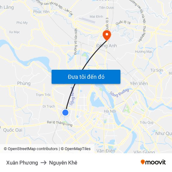 Xuân Phương to Nguyên Khê map