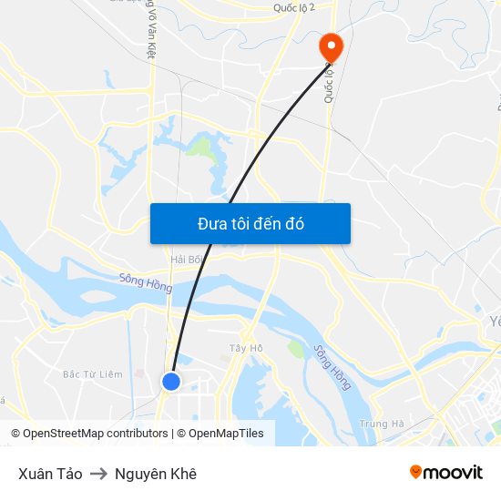 Xuân Tảo to Nguyên Khê map