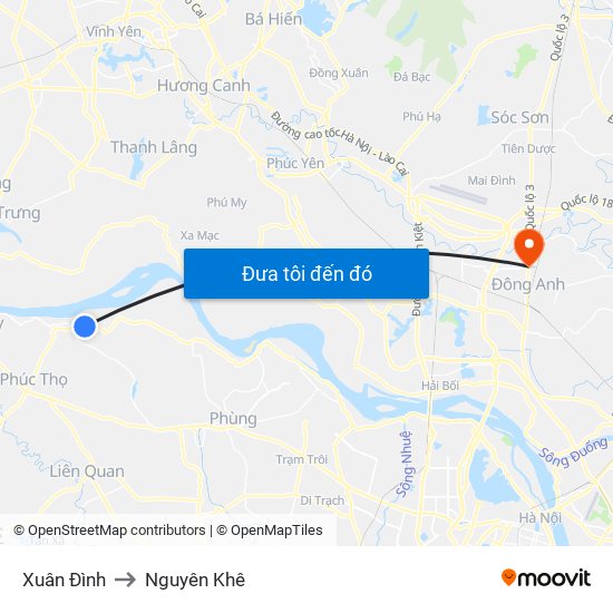 Xuân Đình to Nguyên Khê map