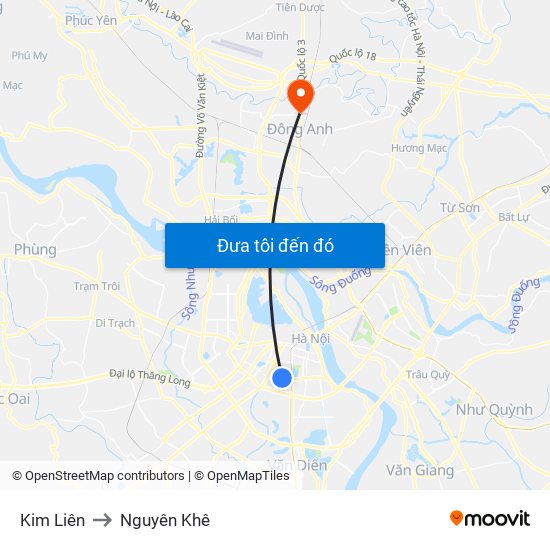 Kim Liên to Nguyên Khê map