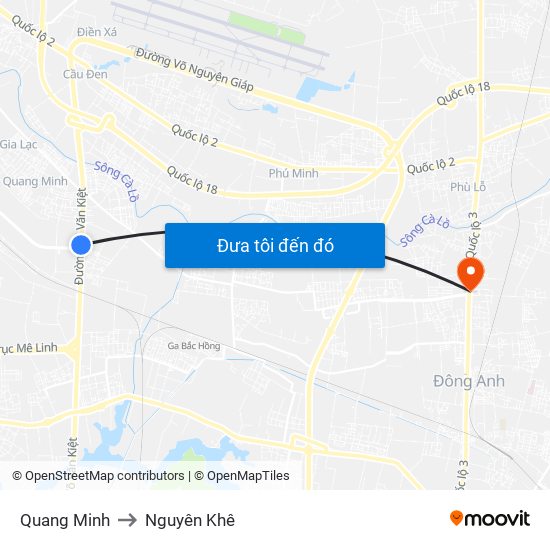 Quang Minh to Nguyên Khê map