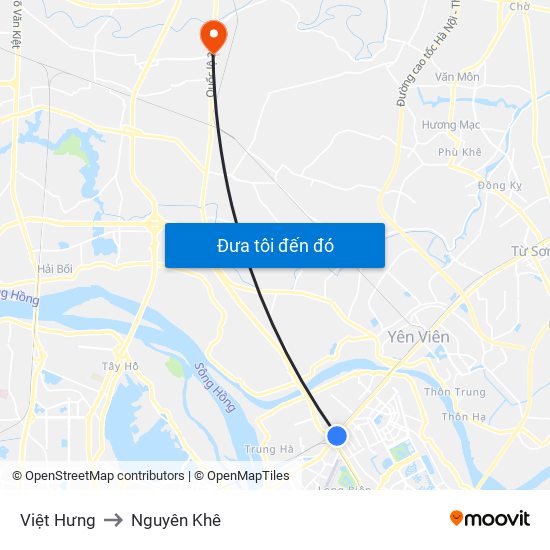 Việt Hưng to Nguyên Khê map