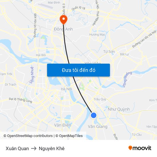 Xuân Quan to Nguyên Khê map