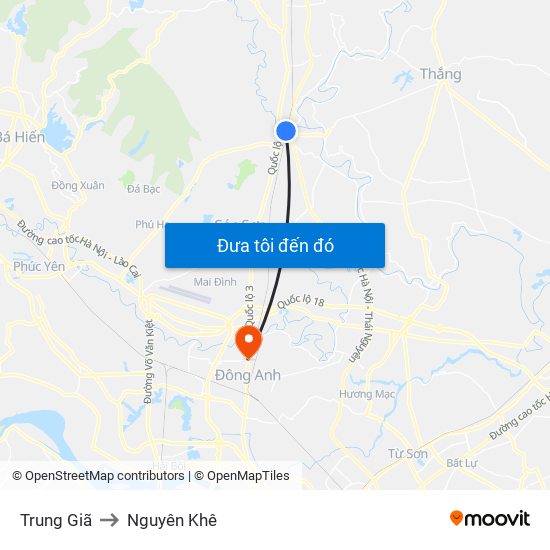 Trung Giã to Nguyên Khê map