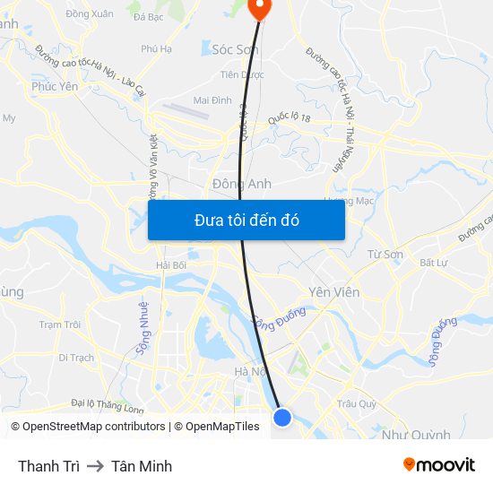 Thanh Trì to Tân Minh map