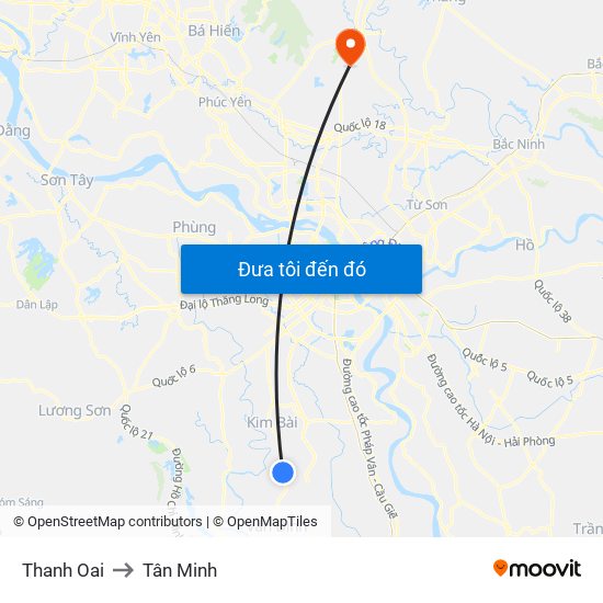 Thanh Oai to Tân Minh map