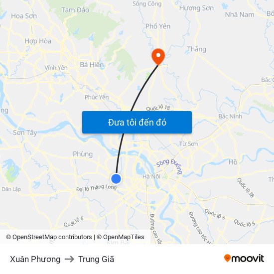 Xuân Phương to Trung Giã map